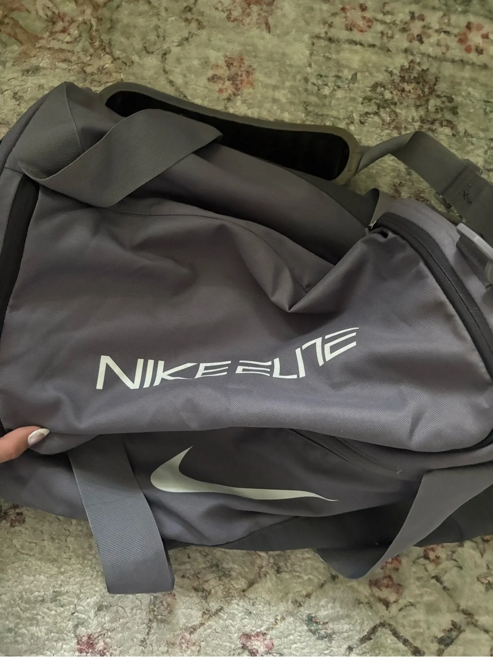 Nike Gray and Black Men's Duffel Bag with White Swoosh